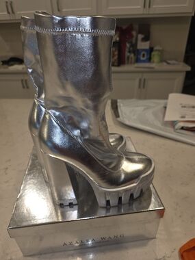 AZALEA WANG Silver Chunky Platform Mid-Calf Heeled Boots